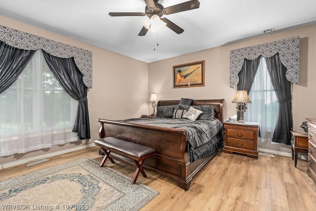 bedroom with ceiling fan and light wood-type flooring