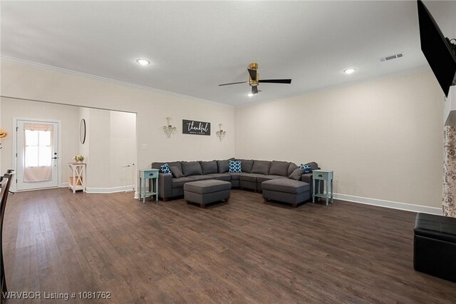 8323 Mclaren Dr, Fort Smith, AR 72916 - living area with ceiling fan, ornamental molding, dark wood-style flooring, and recessed lighting