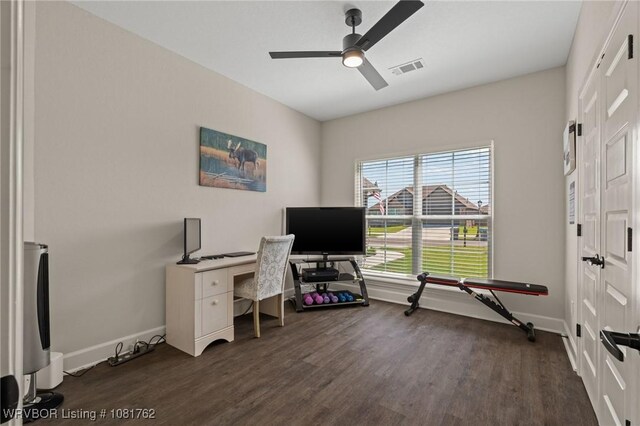 8323 Mclaren Dr, Fort Smith, AR 72916 - home office featuring dark wood-style floors and ceiling fan
