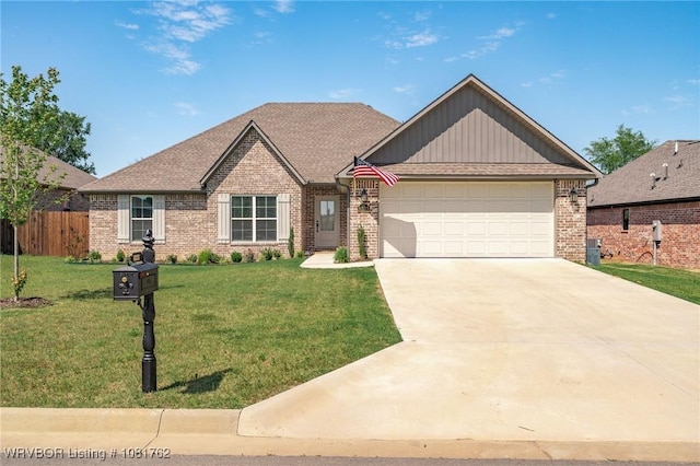 8323 Mclaren Dr, Fort Smith, AR 72916 - view of front facade featuring brick siding, a garage, driveway, and board and batten siding
