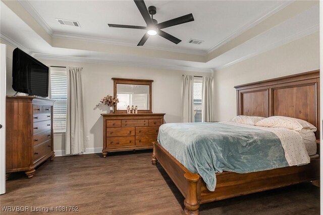 8323 Mclaren Dr, Fort Smith, AR 72916 - bedroom with a raised ceiling, dark wood-style flooring, ornamental molding, and ceiling fan