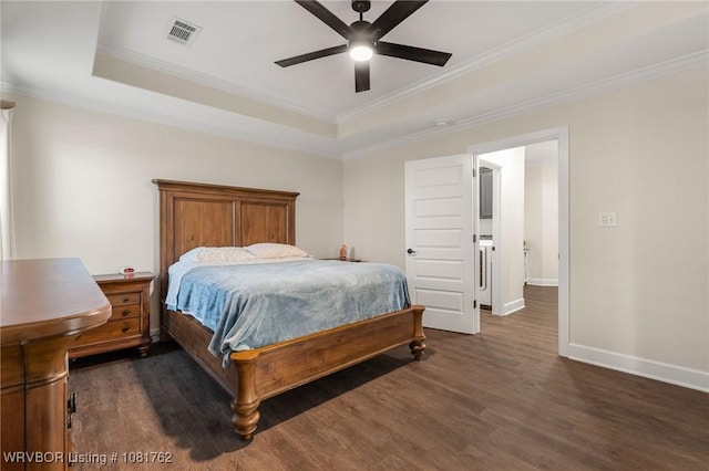 8323 Mclaren Dr, Fort Smith, AR 72916 - bedroom featuring crown molding, dark wood-style flooring, a tray ceiling, and ceiling fan