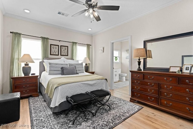7907 Coltridge Way, Fort Smith, AR 72916 - bedroom with connected bathroom, visible vents, crown molding, and light wood-style floors