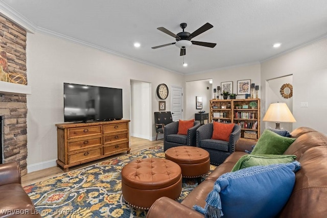 7907 Coltridge Way, Fort Smith, AR 72916 - living room with baseboards, crown molding, wood finished floors, and a ceiling fan
