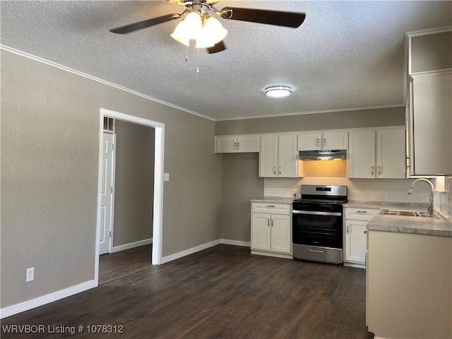 kitchen featuring dark hardwood / wood-style floors, stainless steel stove, white cabinetry, sink, and decorative backsplash