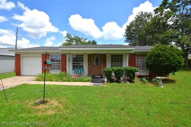807 S 2nd St, Stilwell, OK 74960 - ranch-style home featuring a garage, concrete driveway, a front yard, and brick siding
