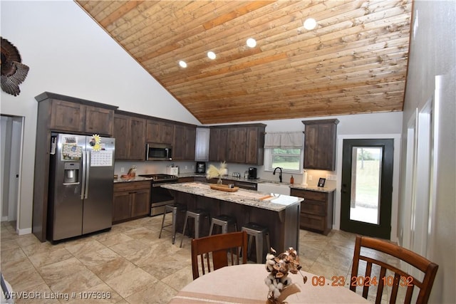 kitchen with appliances with stainless steel finishes, a kitchen breakfast bar, dark brown cabinetry, high vaulted ceiling, and a kitchen island