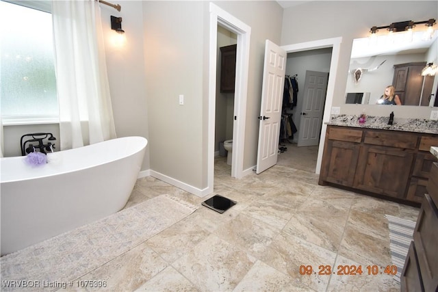 bathroom with a washtub, vanity, and toilet