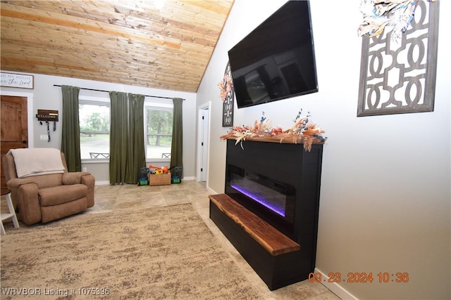 living room with lofted ceiling, wooden ceiling, and light tile patterned floors