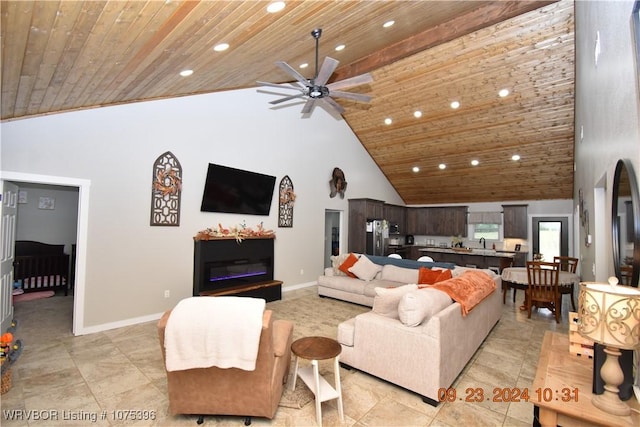 living room featuring ceiling fan, sink, high vaulted ceiling, and wooden ceiling