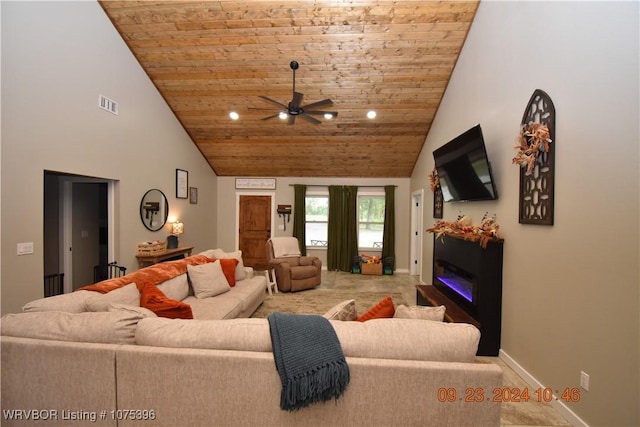 living room with ceiling fan, high vaulted ceiling, and wood ceiling