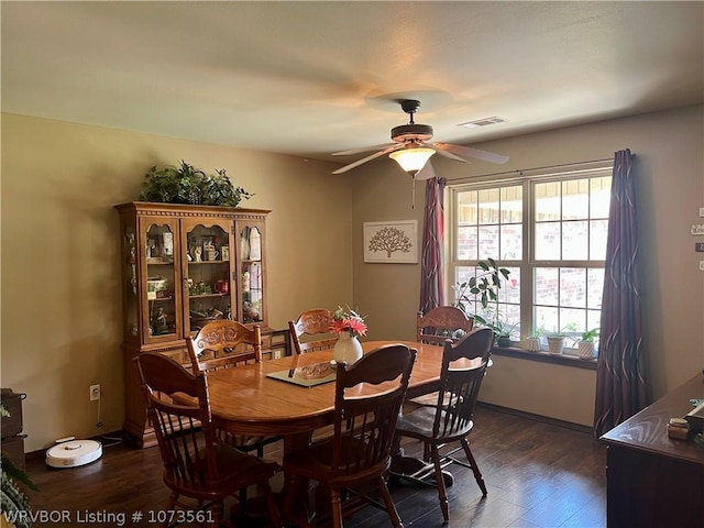 dining room featuring dark hardwood / wood-style flooring, plenty of natural light, and ceiling fan