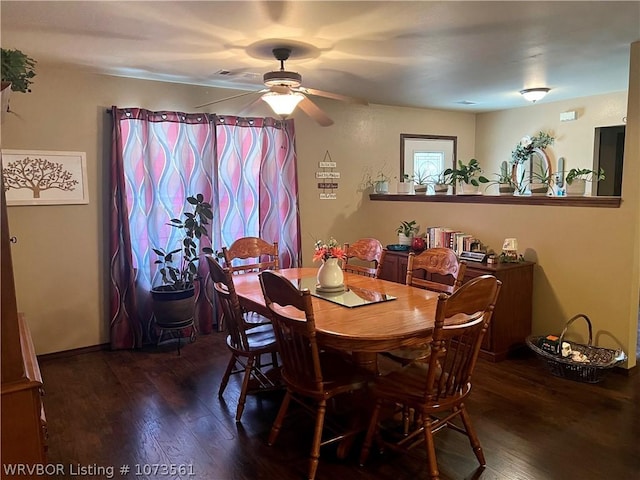 dining room featuring ceiling fan and dark wood-type flooring