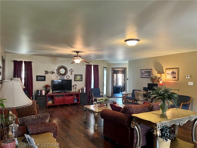 22252 Mckenzie Rd, Poteau, OK 74953 - living room featuring ceiling fan and dark hardwood / wood-style floors