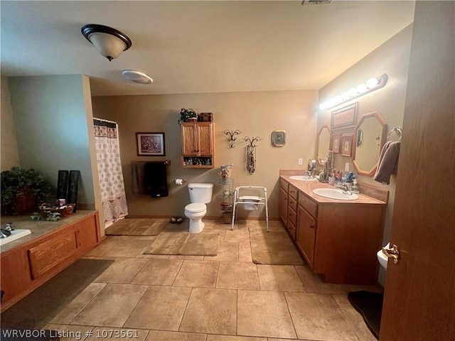 bathroom featuring vanity, curtained shower, and toilet