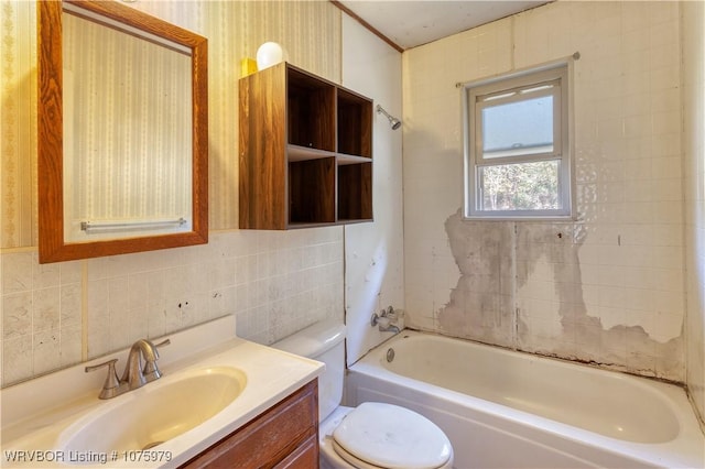 full bathroom with decorative backsplash, vanity,  shower combination, and toilet