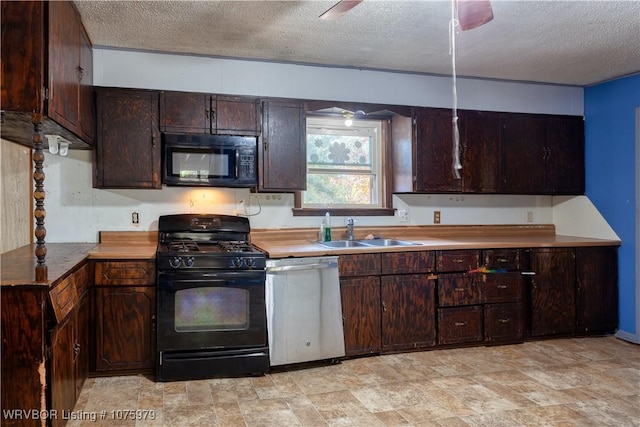 kitchen with a textured ceiling, sink, dark brown cabinets, and black appliances