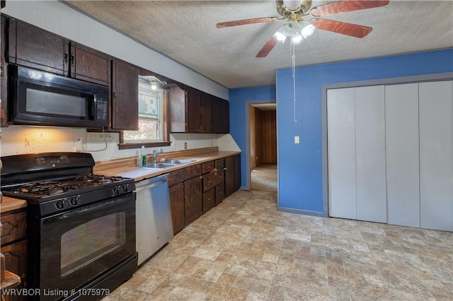 kitchen with black appliances, ceiling fan, dark brown cabinetry, and a textured ceiling