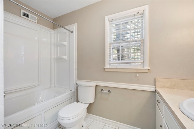 full bathroom with bathing tub / shower combination, tile patterned flooring, vanity, and toilet