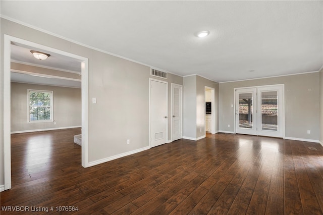 unfurnished room with dark hardwood / wood-style flooring and ornamental molding