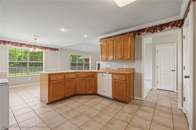 2419 Shealei Cir, Alma, AR 72921 - kitchen with dishwasher, a peninsula, a textured ceiling, light tile patterned flooring, and brown cabinetry