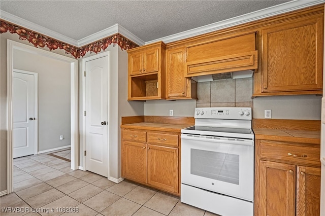 2419 Shealei Cir, Alma, AR 72921 - kitchen featuring electric range, light tile patterned floors, light countertops, ornamental molding, and open shelves