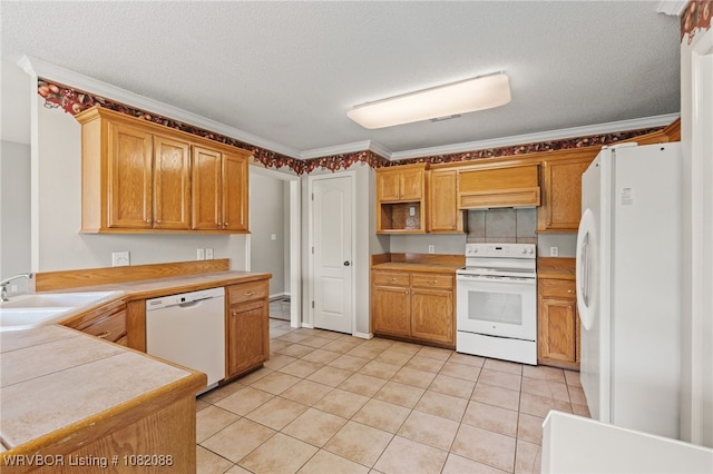 2419 Shealei Cir, Alma, AR 72921 - kitchen featuring white appliances, light tile patterned floors, light countertops, crown molding, and custom exhaust hood