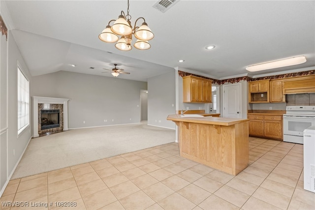 2419 Shealei Cir, Alma, AR 72921 - kitchen with electric stove, ceiling fan, light colored carpet, a chandelier, and vaulted ceiling