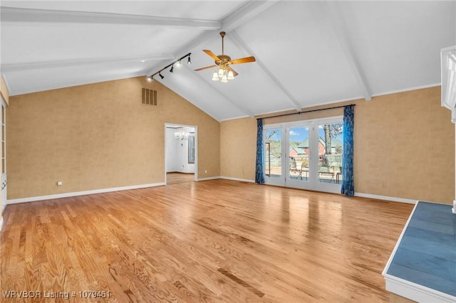 bonus room featuring beamed ceiling, wood finished floors, visible vents, and baseboards