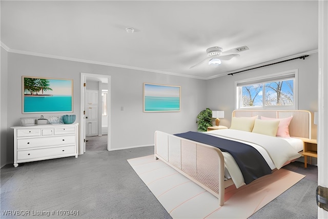 bedroom with visible vents, baseboards, carpet, and ornamental molding