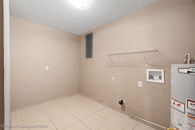 clothes washing area featuring a textured ceiling, electric panel, electric dryer hookup, washer hookup, and water heater