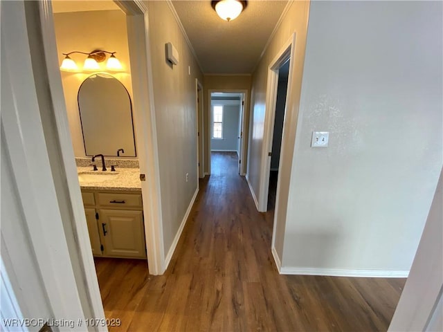 hallway with sink, crown molding, and dark hardwood / wood-style floors