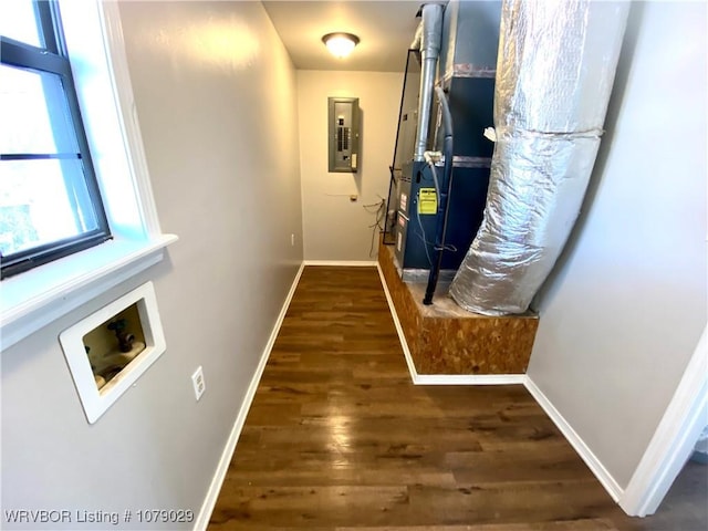 interior space featuring electric panel and dark hardwood / wood-style flooring