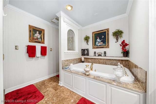 bathroom featuring ornamental molding and a washtub