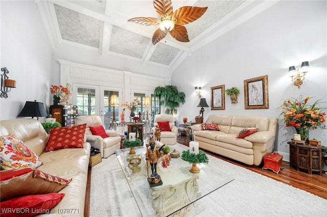 living room with hardwood / wood-style flooring, ceiling fan, beam ceiling, high vaulted ceiling, and french doors