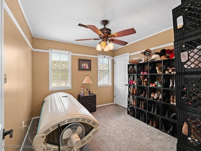 interior space with baseboards, a ceiling fan, a textured ceiling, and carpet