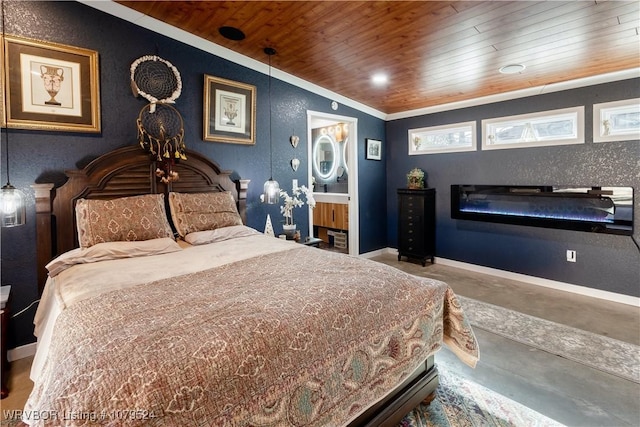 bedroom featuring baseboards, concrete flooring, wooden ceiling, a textured wall, and a glass covered fireplace