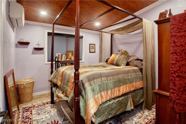 bedroom with wooden ceiling, recessed lighting, baseboards, and a wall mounted air conditioner