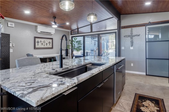 kitchen featuring a sink, wooden ceiling, stainless steel dishwasher, a wall mounted AC, and a kitchen island with sink