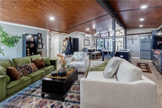 living room featuring vaulted ceiling with beams, recessed lighting, wooden ceiling, and an AC wall unit