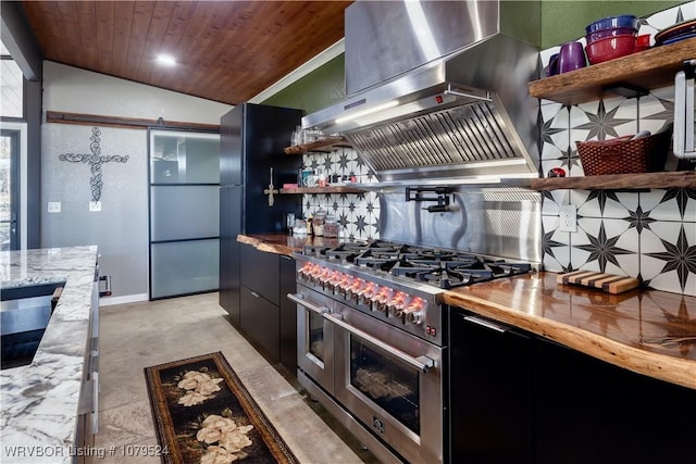 kitchen with open shelves, range with two ovens, vaulted ceiling, wood ceiling, and wall chimney exhaust hood