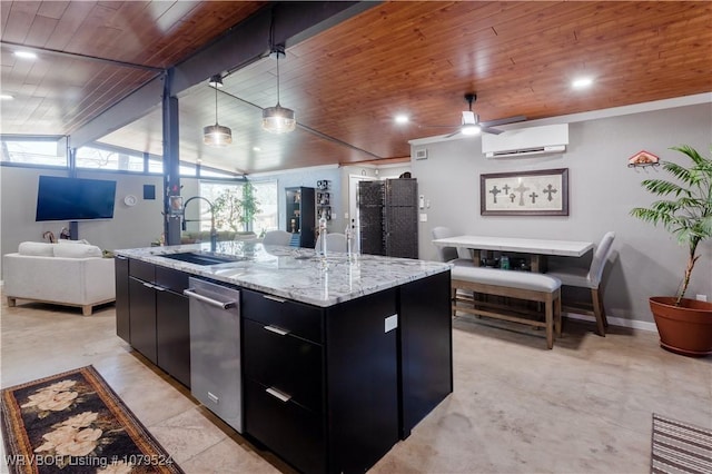 kitchen featuring a sink, wooden ceiling, open floor plan, and dark cabinets