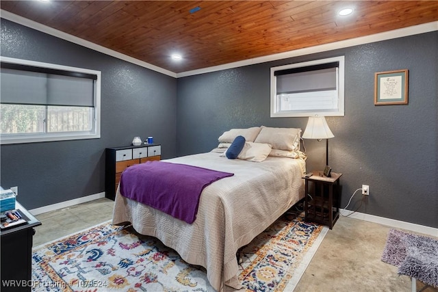 bedroom with crown molding, baseboards, wood ceiling, recessed lighting, and a textured wall