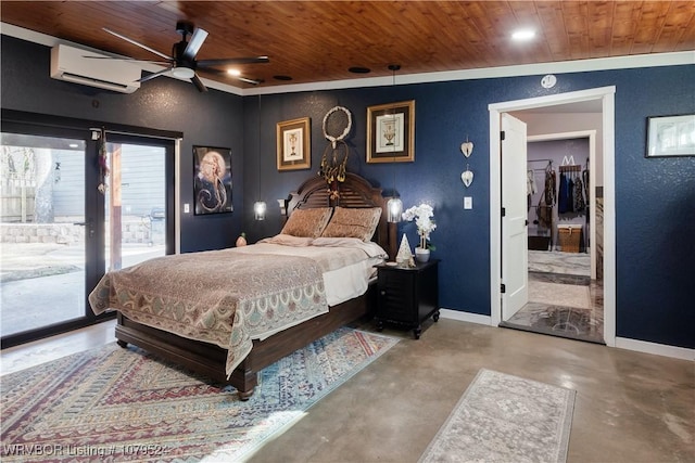 bedroom with baseboards, concrete flooring, wooden ceiling, a wall mounted AC, and access to outside