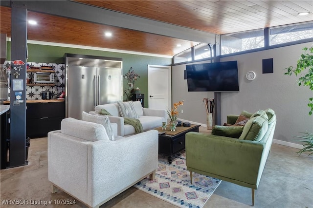 living room with baseboards, vaulted ceiling with beams, recessed lighting, wooden ceiling, and a textured wall