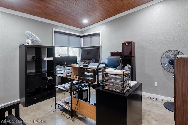 office area featuring ornamental molding, wood ceiling, baseboards, and a textured wall