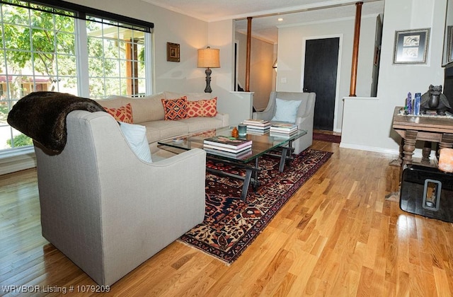 living room featuring light wood-style flooring, baseboards, and crown molding