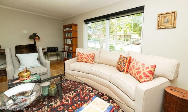 living room with wood finished floors and crown molding