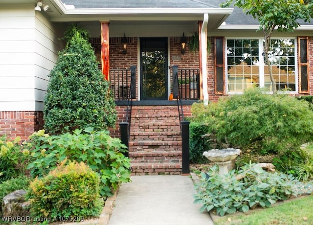 doorway to property featuring brick siding and roof with shingles