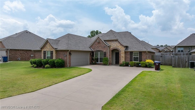 view of front of house with central AC unit, a front yard, and a garage